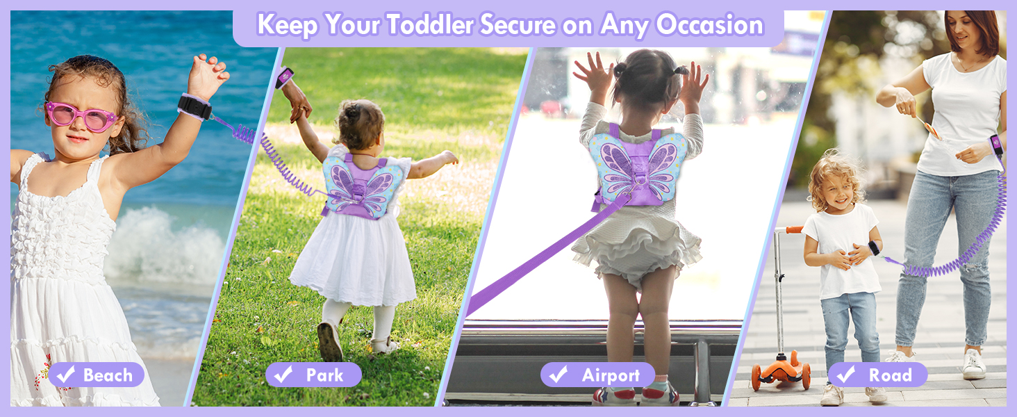 girl toddler leashes harness wrist link backpack, baby leash purple butterfly leash for kids