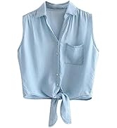 Omoone Women's 3/4 Sleeve Denim Crop Top Tie Knot Shirt Cardigan