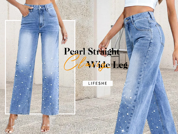パンツ herencia side pearl straight denim pants Pearl Jeans for Women High Waisted Straight Wide Leg Denim