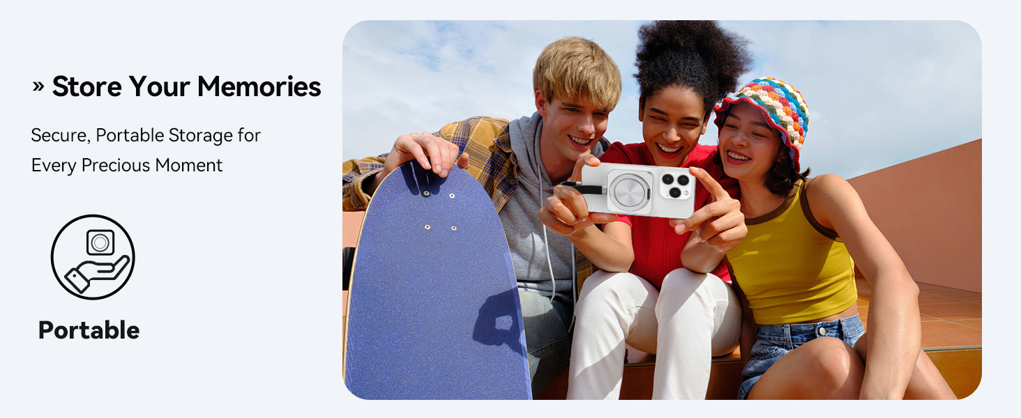 Text reads 'Store Your Memories', 'Portable'. Marketing banner showing electronic device usage with multiple viewing angles and interaction scenes.