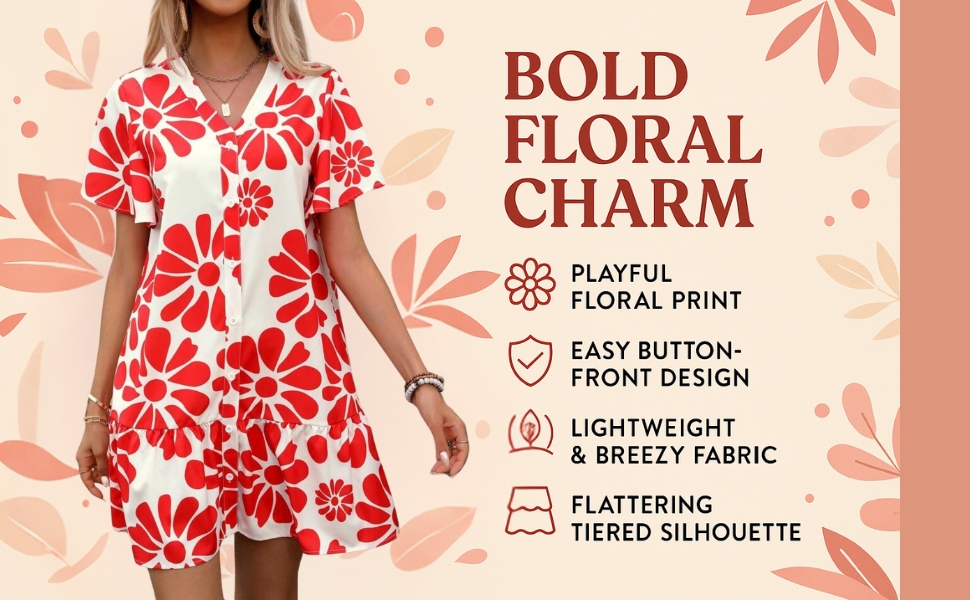 Model wearing short floral dress with tiered hem, button-front and red daisy-like prints