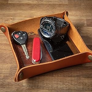 Variety of Items in Leather Valet Tray
