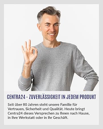 Der Text lautet „GENTRA24 - ZUVERLÄSSIGKEIT IN JEDEM PRODUKT“ und „Seit über 50 Jahren steht unsere Familie für Vertrauen“. Produktmarketing-Komposition in Weiß- und Grautönen.