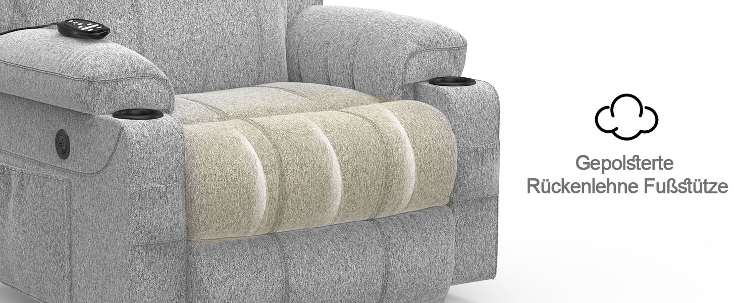 Grauer Lehnsessel mit beigem gepolstertem Sitz. Er verfügt über gepolsterte Armlehnen, sichtbare Bedienelemente für die Lehne und eine Polsterung aus strukturiertem Stoff. Teilansicht mit Fokus auf den Sitz- und