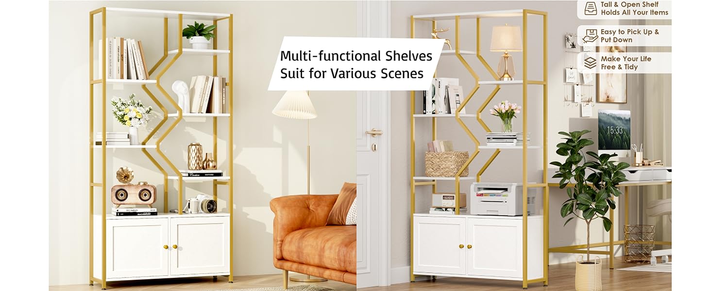 gold bookshelf with cabinet door