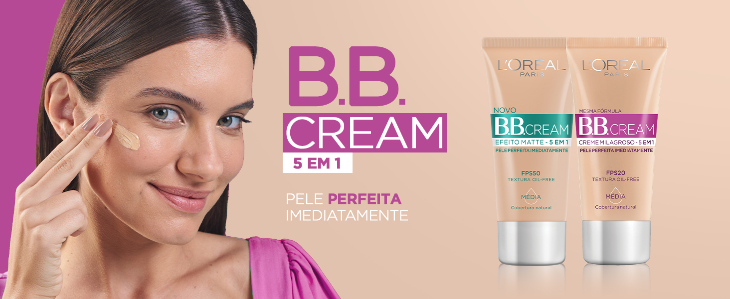 Mulher aplicando o BB Cream no rosto e produto com seus benefícios em destaque - vide descrição