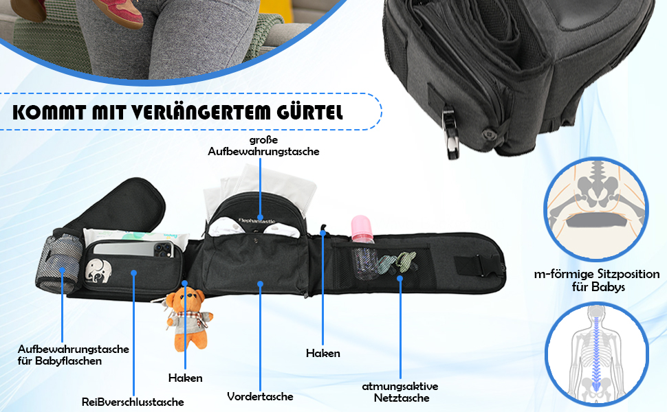 Praktischer Stauraum mit extra Tasche für Windeln und weitere Utensilien Komfortable Hüftsitztrage