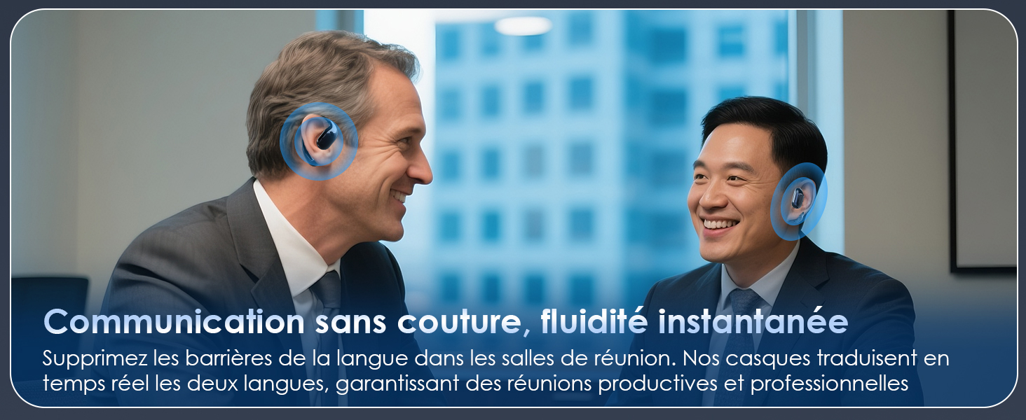 Le texte se lit comme suit : « Communication vient couture, fluidité instantanée ». Configuration de bureau professionnelle illustrée.