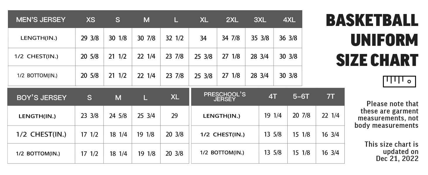 basketball uniform size chart