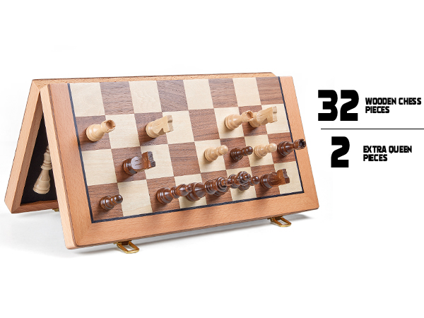 Magnetic Wooden Chess Set, Travel Chess Board Game with Chessmen for Kids and Adults, 2 Extra Queens