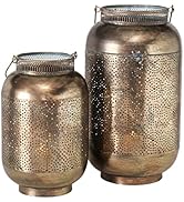 2 Piece Moroccan Temple Lantern Set, Dotted Daisy Mandala Lattice, Antique Gold Finish, Iron, 17 ...