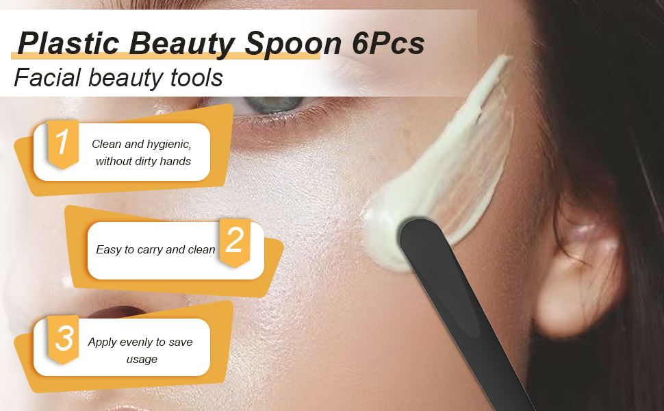 Plastic beauty spoon for facial skincare. Set of 6 pieces. Demonstrates application of cream on cheek. Features: hygienic use, easy to carry, and even application of product.