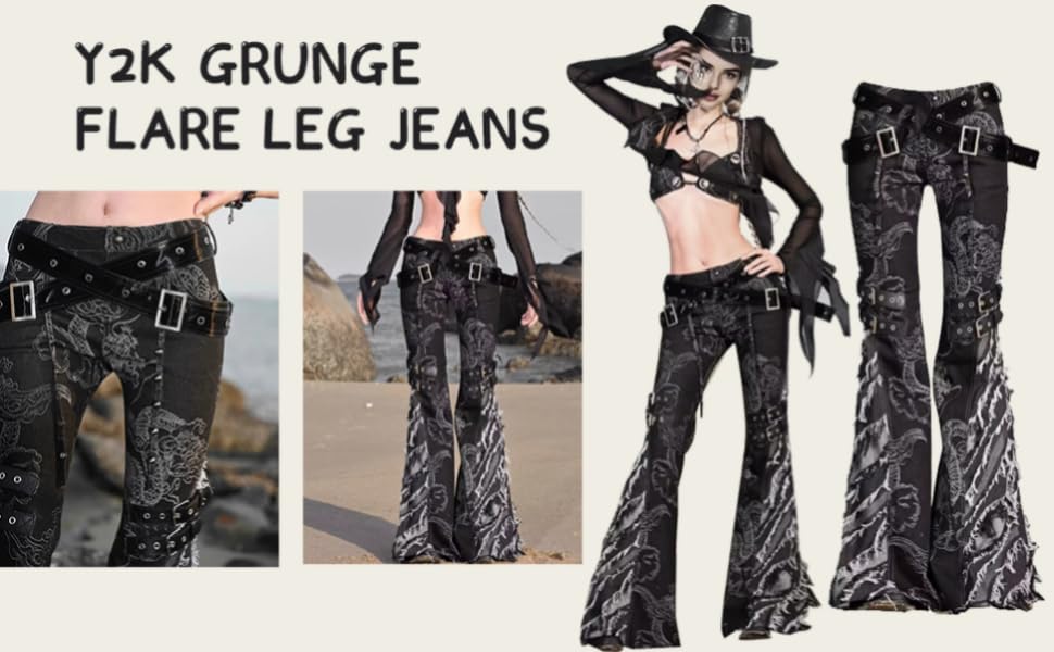 Xojbzoo Y2K Grunge Flare Leg Jeans - Punk Aesthetic Denim