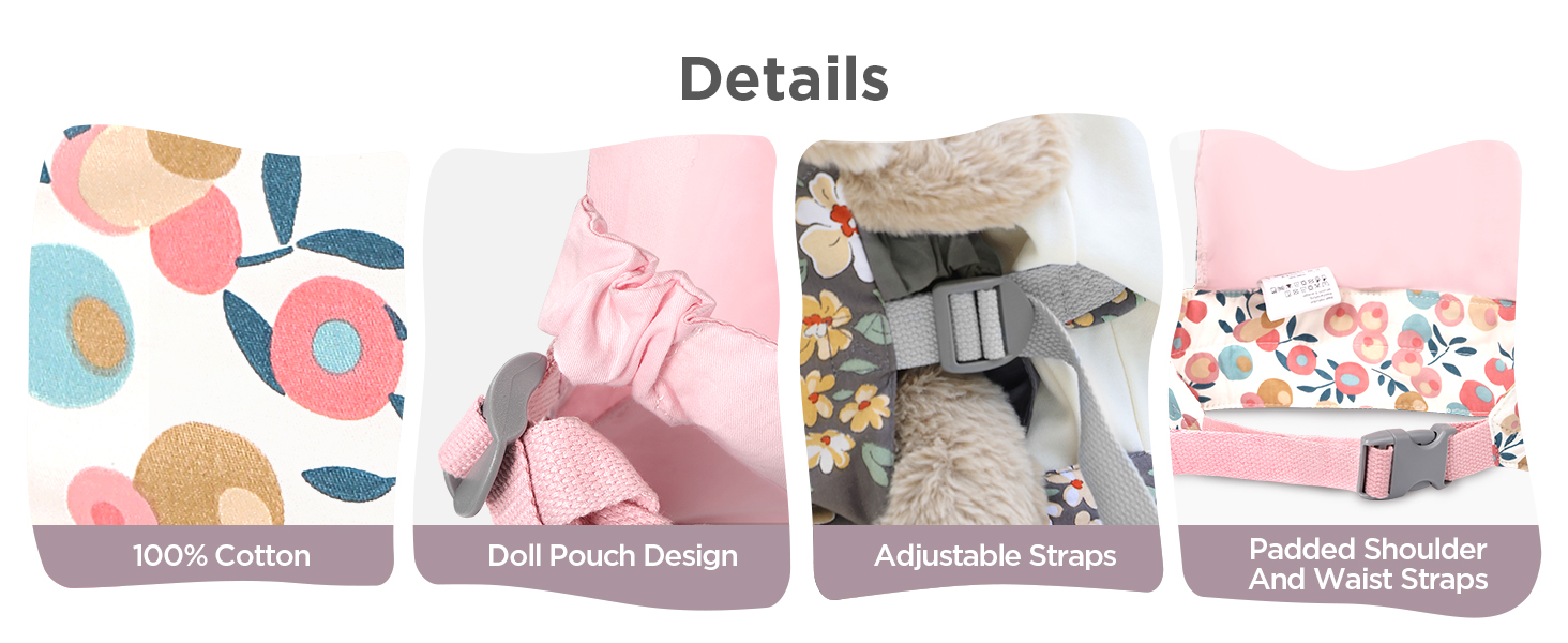 Text reads 'Details' followed by product feature icons showing '100% Cotton', 'Doll Plush Design', 'Adjustable Straps', and 'Anti-slip Shoulder Pads Protection'.