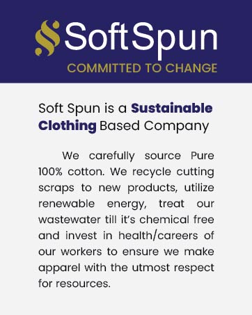 SoftSpun logo and company description on purple background. Text highlights sustainable clothing practices, use of pure cotton, recycling, renewable energy, and ethical treatment of workers and resources.