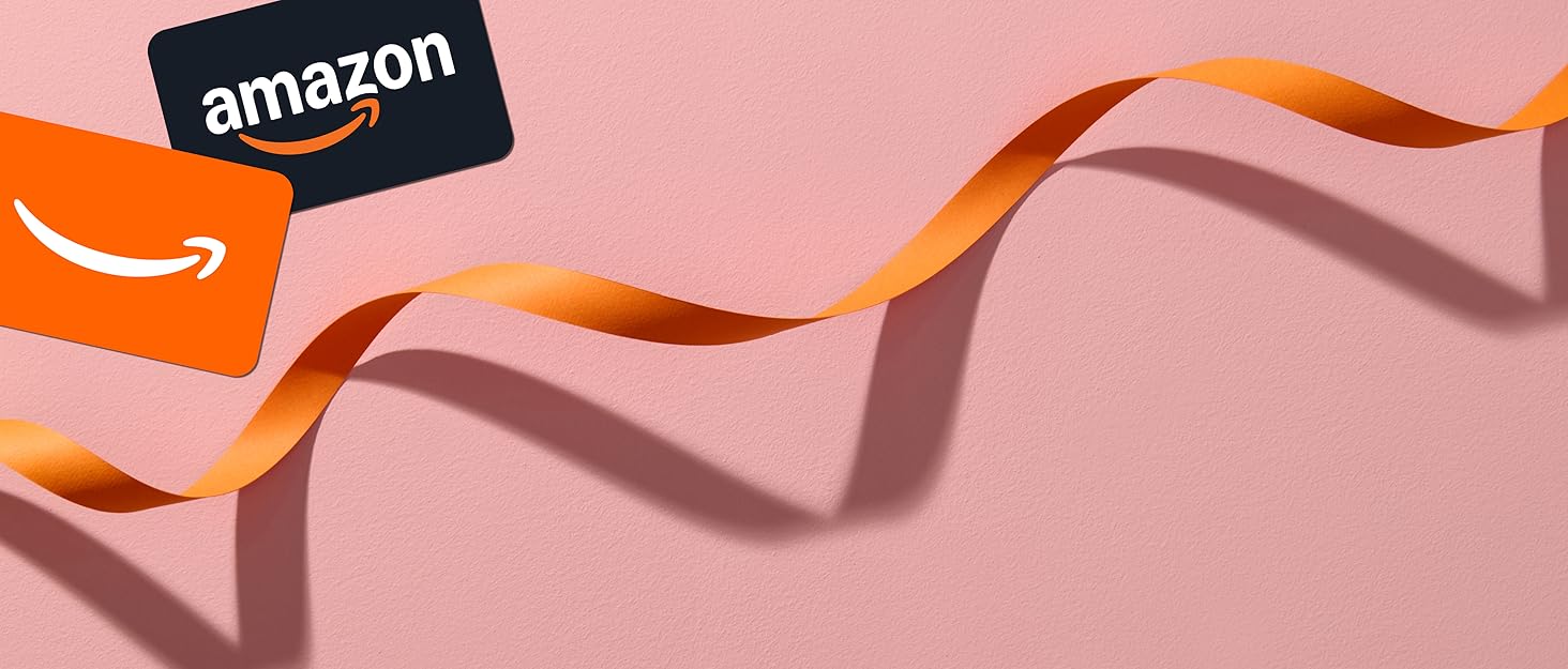 Amazon Gift Cards and ribbon displayed in pink background