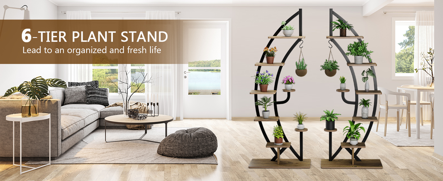 Costway 6-Tier Tall Metal Plant Stand Rack, Curved Half Moon Shape Ladder Planter Shelf W/ Top Hook