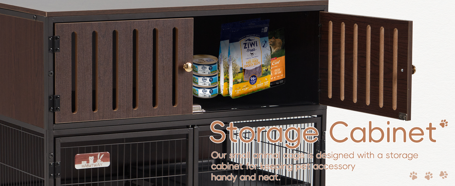 small animal cage has a storage cabinet