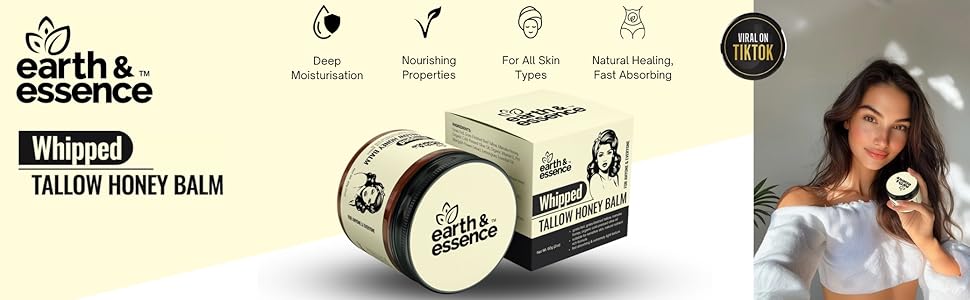 Earth & Essence whipped tallow honey balm product packaging showing containers and benefit icons for natural skincare.