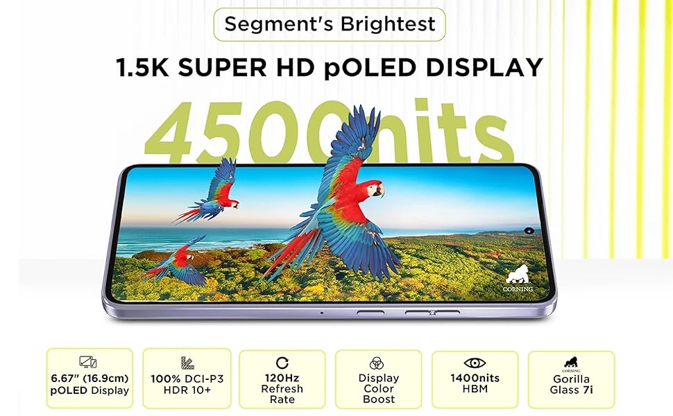 6.67-inch 1.5K Super HD pOLED display, 4500 nits brightness, Gorilla Glass 7i