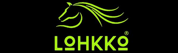 Bright Green outline of a horse torso, with our Logo, Lohkko written in green beneath.