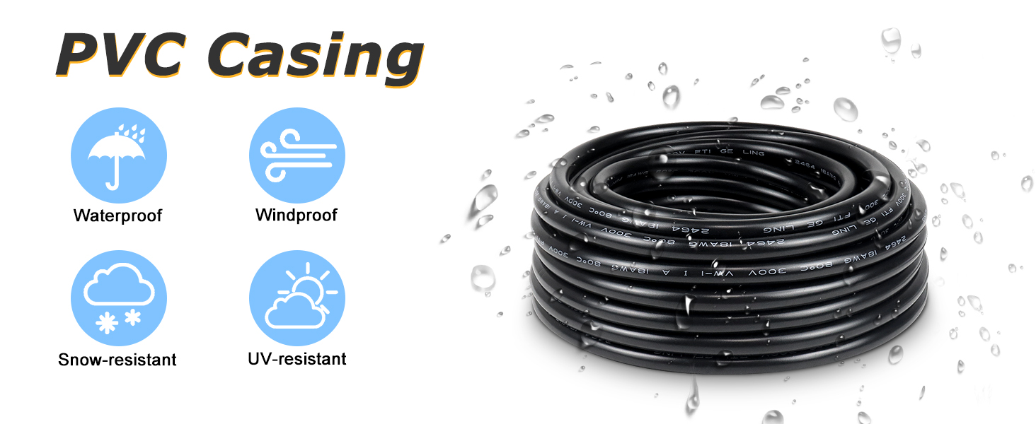 Black PVC casing or tubing with water droplets. Icons indicate it's waterproof, windproof, snow-resistant, and UV-resistant.