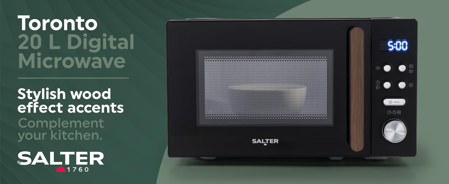 A black digital microwave with wooden effect handle 