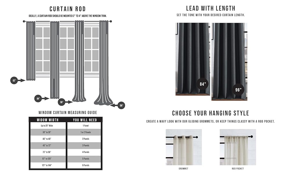 2 curtain lengths 84 and 96 inches grommet or rod pocket hanging styles 29 inch wide curtain panels