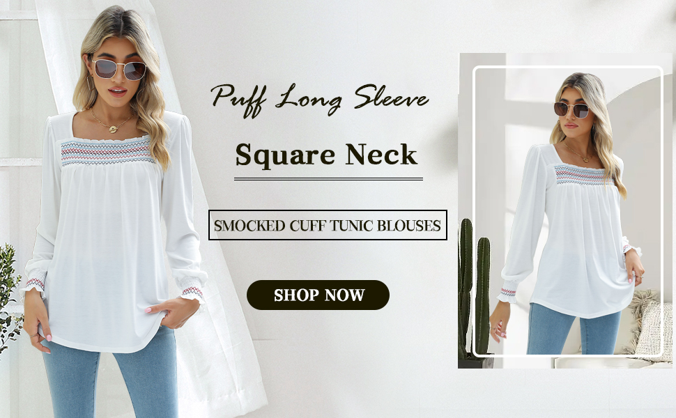 Square Neck Puff Long Sleeve Tunic Blouses Tops
