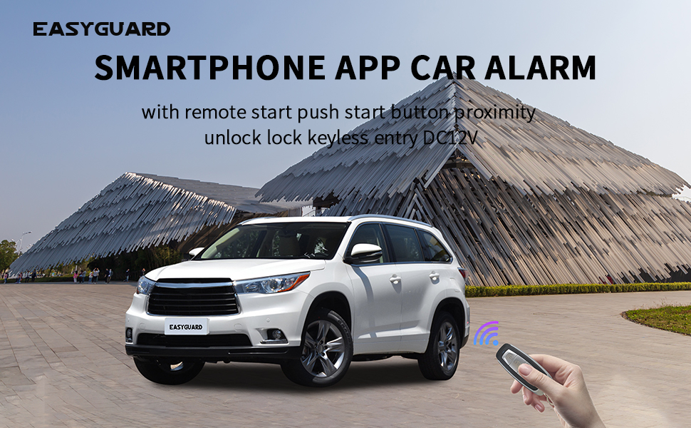 EASYGUARD smartphone APP car alarm with remote start push start button proximity keyless entry DC12V