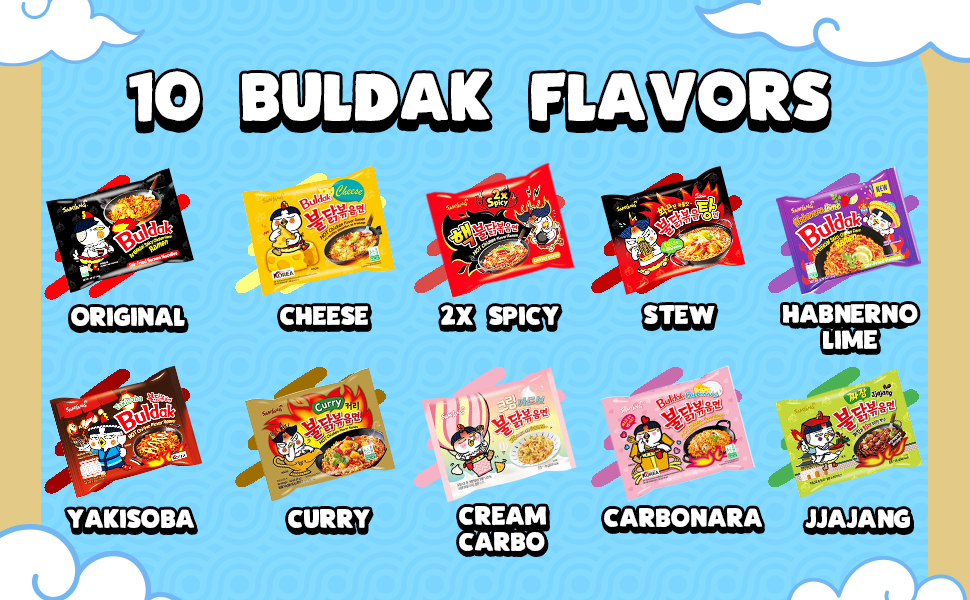 Samyang Buldak Ramen Noodles Variety Pack, 10 Flavors (2X Spicy, Original, Carbo