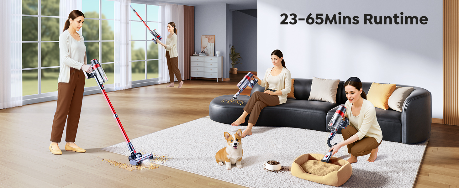 Text reads '23-45Mins Runtime'. Exercise sequence showing workout movements performed on exercise mat in home setting.