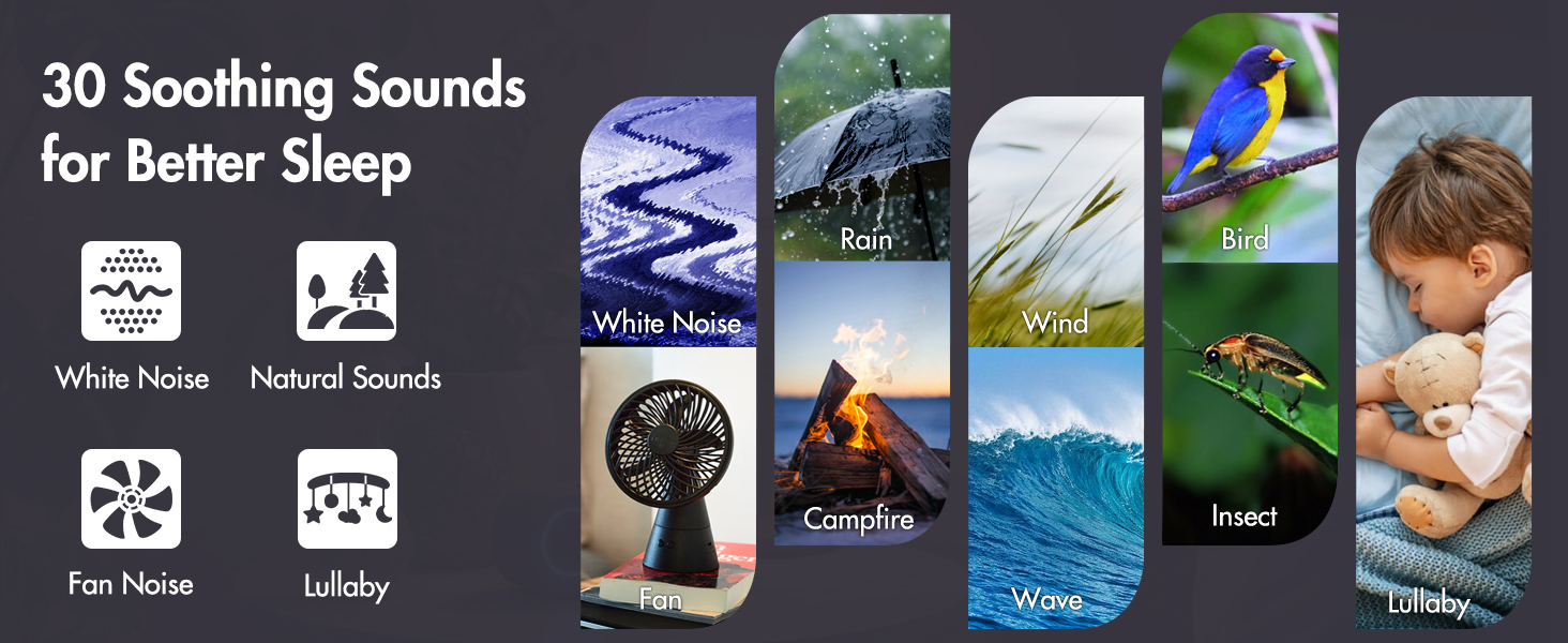 noise machine features 30 soothing sounds including white noise, natural sound, fan noise, lullaby