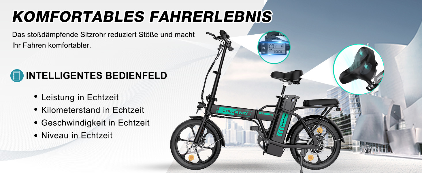Faltbares Elektrofahrrad mit schwarzem Rahmen und grünen Akzenten. Zu den Funktionen gehören ein intelligentes Bedienfeld, Leistungskennzahlen in Echtzeit und ein kompaktes Design für ein komfortables Fahrerlebnis
