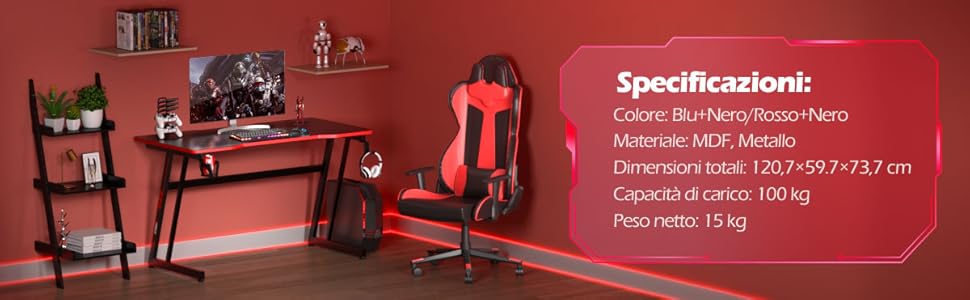 COSTWAY Scrivania Da Gaming 120 Cm, Tavolo Ergonomico Per Computer A Forma Di Z, Con Gancio Regolabile Per Cuffie, Porta Bicchiere, Ideale Per Casa E Ufficio (Blu) 15 1