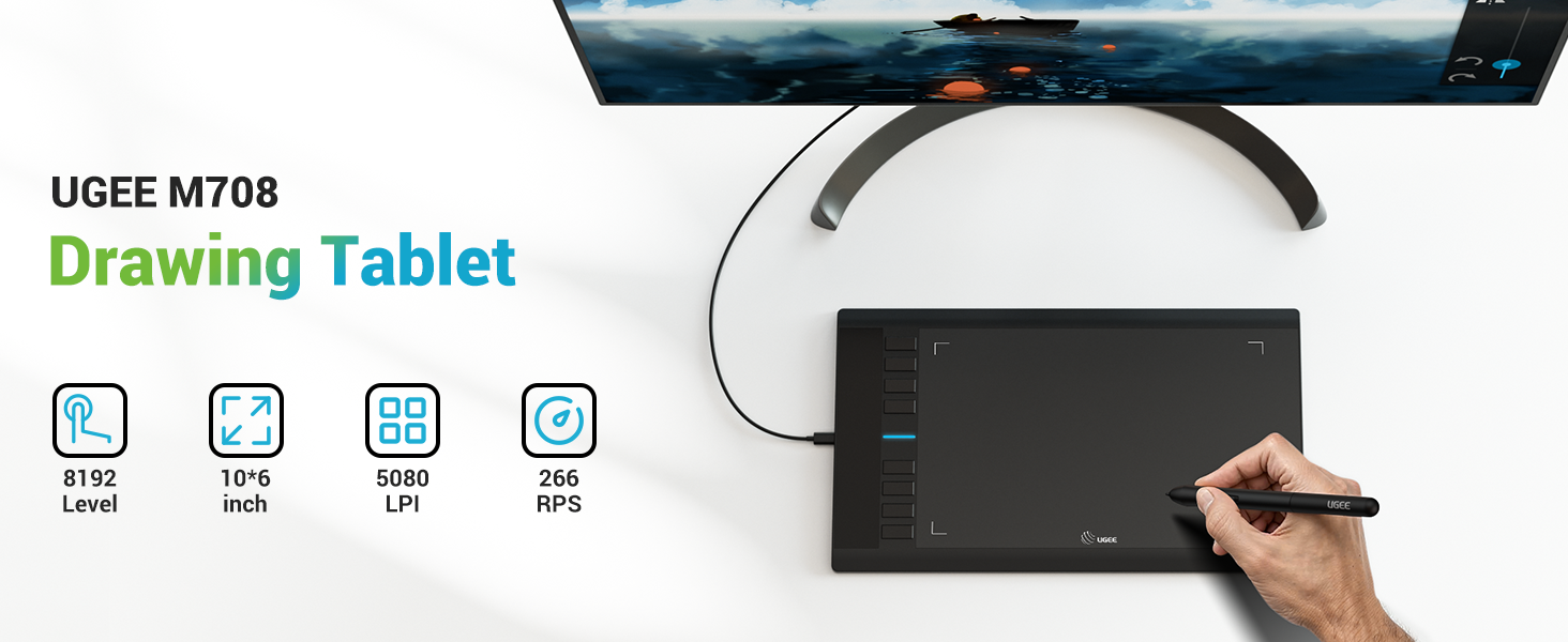 UGEE M708 Drawing Tablet with 10x6 inch active area, 8192 pen pressure levels, and 5080 LPI resolution. Hand demonstrating use on black tablet surface.