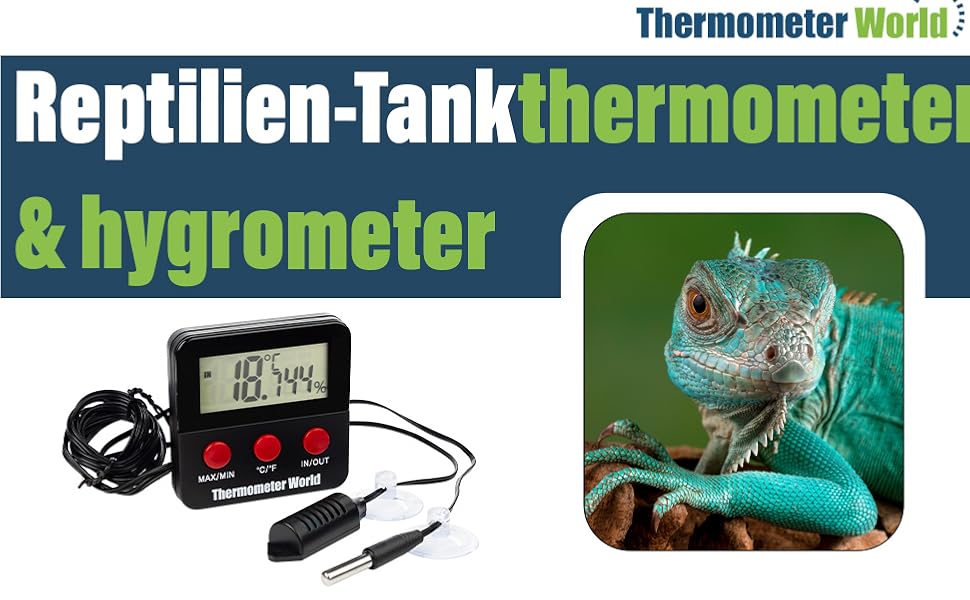 Digitales Thermometer und Hygrometer für Reptilienbecken. Das Gerät verfügt über ein LCD-Display, eine externe Sonde und eine Saugnapfhalterung. Das Bild enthält einen grünen Leguan als Kontext.