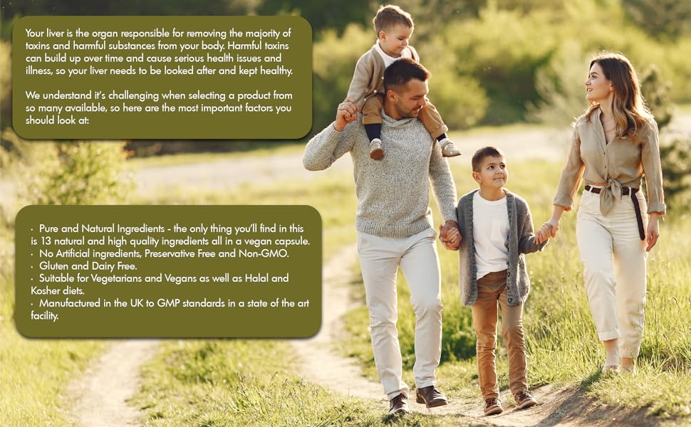 family walking exposed to thirteen pure natural ingredients non-gmo vegan capsules healthy liver