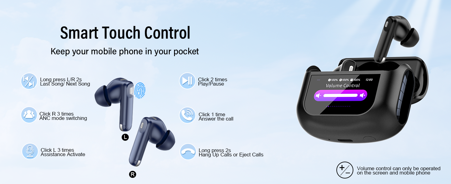 Wireless earbuds product diagram showing Smart Touch Control features with multiple touch point indicators and charging case display.