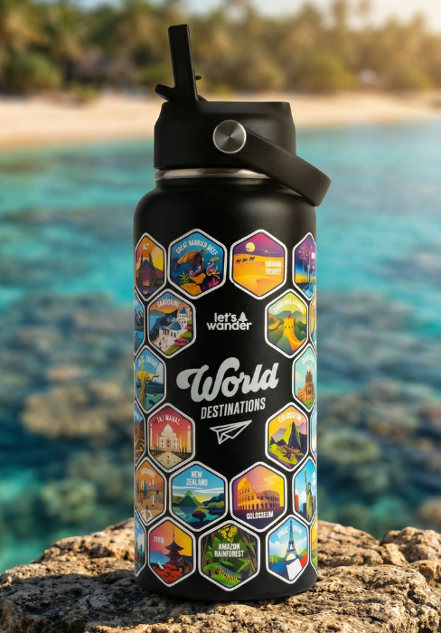 world destinations water bottle with stickers