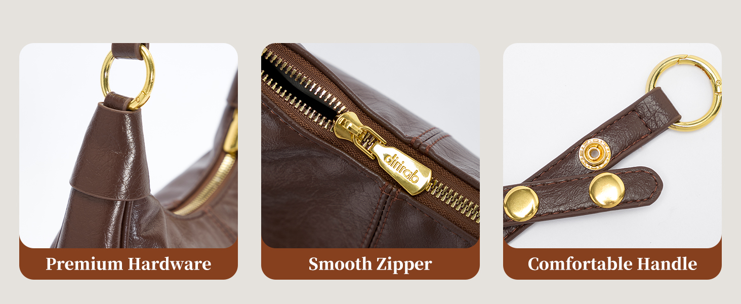 "Luxury women's hobo bags with premium hardware, smooth zipper, and comfortable handle