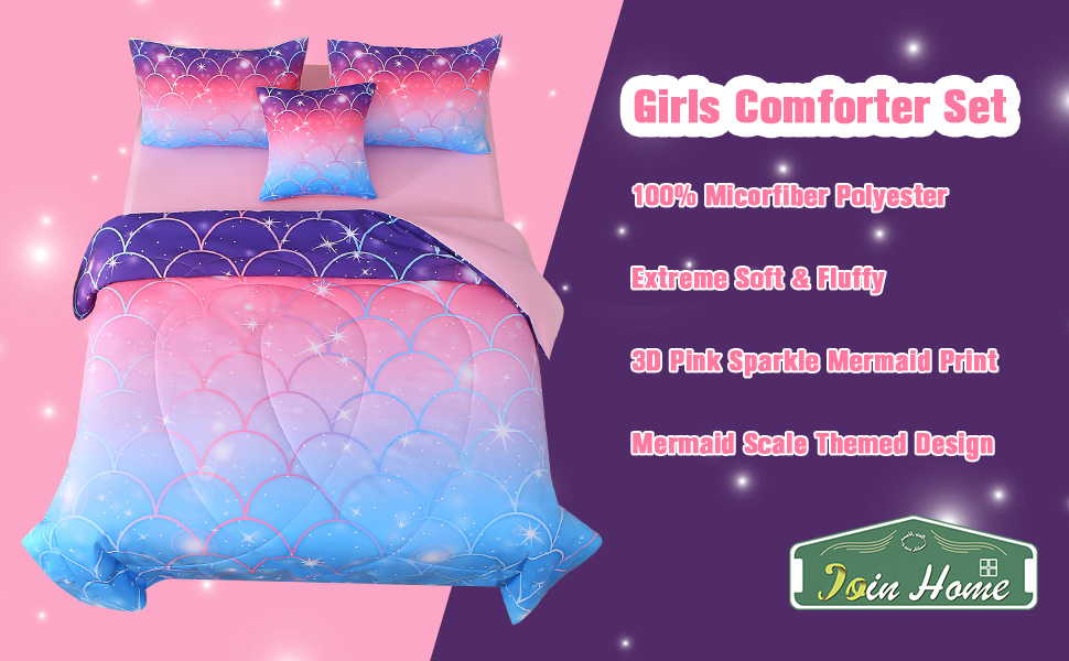 JQinHome Twin Size Mermaid Comforter Set, 6 Piece Bed in A Bag 3D Colorful Bedding Set for Girls