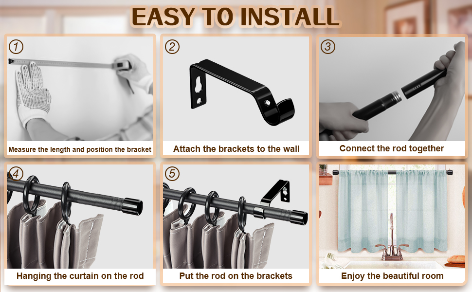 2 Pack Matte Black Curtain Rod, 5/8 Inch Curtain Rods for Windows 23 to 66 Inch