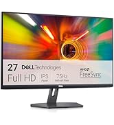 El texto dice «tecnologías DELL», «27», «Full HD», «IPS», «75 Hz», «AMD FreeSync». Pantalla de monitor de computadora Dell con una colorida imagen abstracta de túnel.
