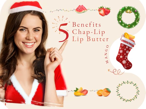 Lip Balm Hydrating Bulk Chap Stick with Fruit Flavors, Coconut Oil, Cocoa Butter - Christmas