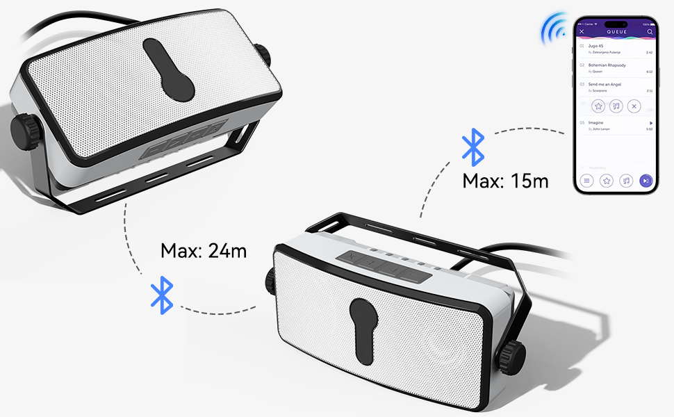 Dos altavoces Bluetooth portátiles blancos con detalles en negro. El diagrama muestra un alcance de 24 m entre los altavoces y un alcance de 15 m hasta la aplicación del teléfono inteligente.