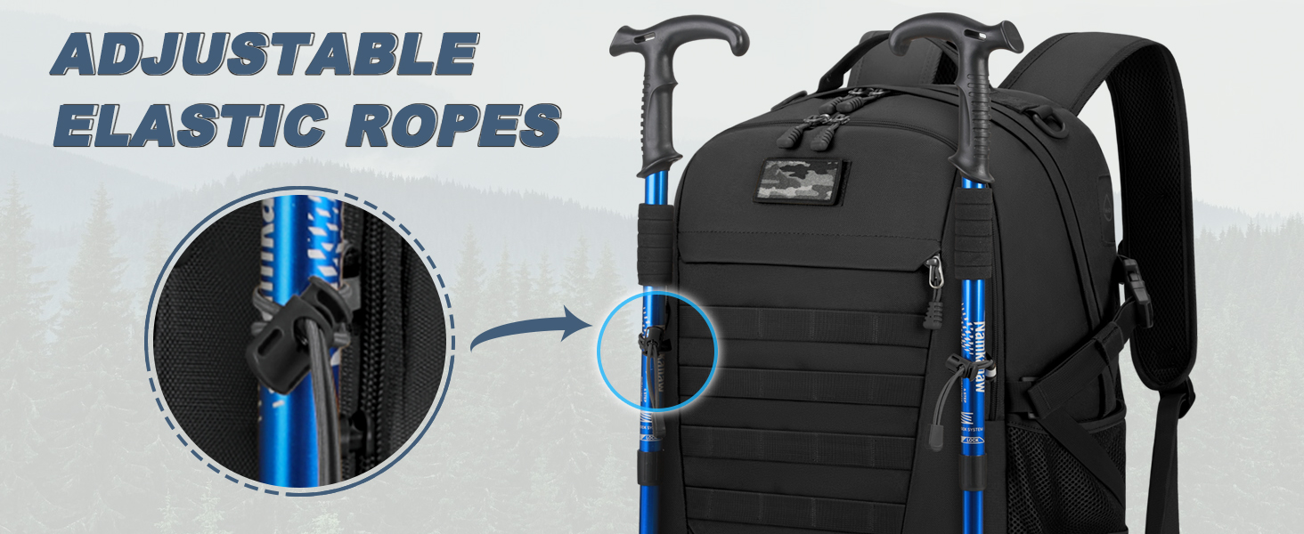 Black tactical backpack with adjustable elastic ropes feature highlighted in blue, shown with close-up detail of the rope mechanism.