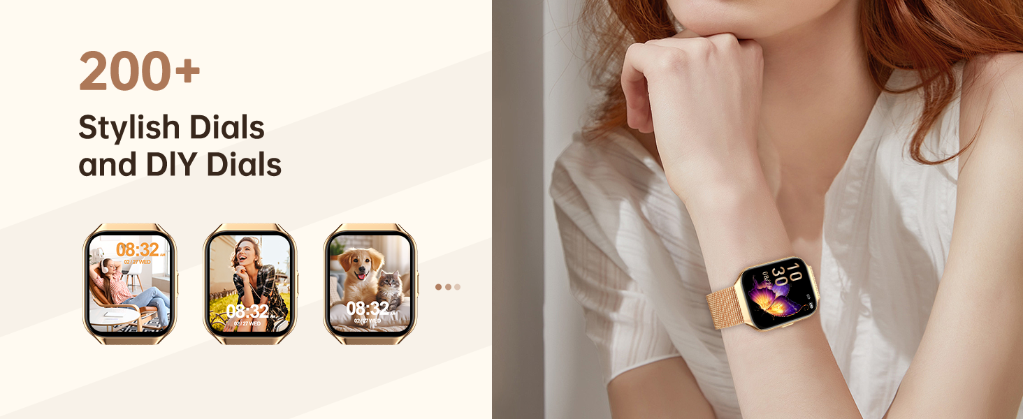 Smartwatch with gold case and pink band on person's wrist. Screen displays colorful watch face. Text mentions '200+ Stylish Dials and DIY Dials' with small example images.