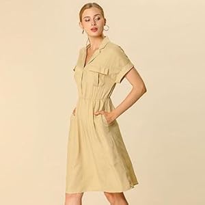 Allegra K Women's Notched Lapel Elastic Waist Pocket A-Line