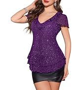 BeryLove Women's Sparkly Sequin Tops Short Sleeve Glitter Casual Summer V-Neck Ruffle Top